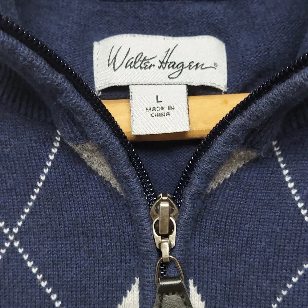 Walter Hagen Sweater Vest Men L 1/4 Zip Argyle‎ Knit Blue Golf Preppy Classic